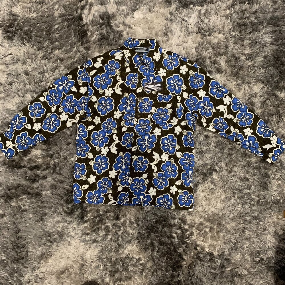 YAGO AUTHENTIC PRODUCTS Blue-Black Hawaiian/Aloha Print LG Long Sleeve -NWT-